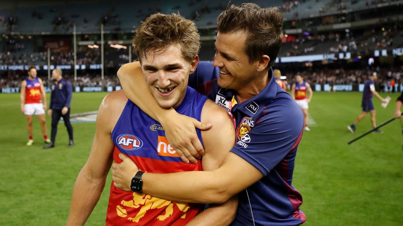 Bailey and forwards coach Jed Adcock celebrate post-game. Picture: Getty Images