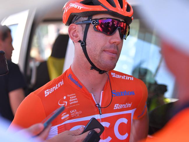 WILLUNGA HILL, AUSTRALIA - JANUARY 20: Start / Patrick Bevin of New Zealand and CCC Team Orange Leader Jersey / Interview / during the 21st Santos Tour Down Under 2019, Stage 6 a 151,5km stage from McLaren Vale to Willunga Hill 374m / TDU / on January 20, 2019 in Willunga Hill, Australia. (Photo by Tim de Waele/Getty Images)