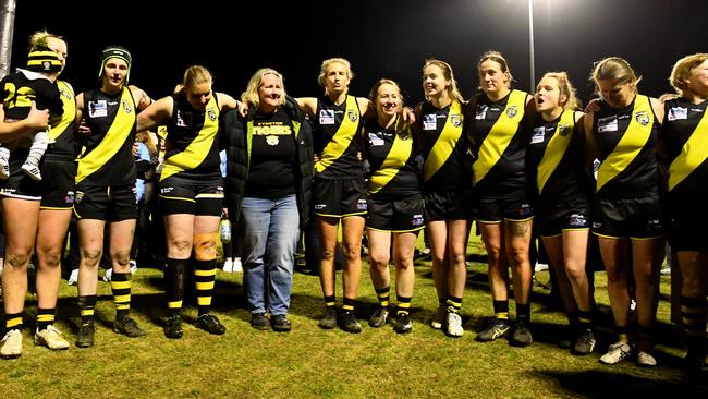 Kyneton celebrate after winning the 2023 Rookie Me RDFNL WomenÃs Grand Final match between Kyneton and Macedon at Gilbert Gordon Oval in Woodend, Victoria on August 5, 2023. (Photo by Josh Chadwick)