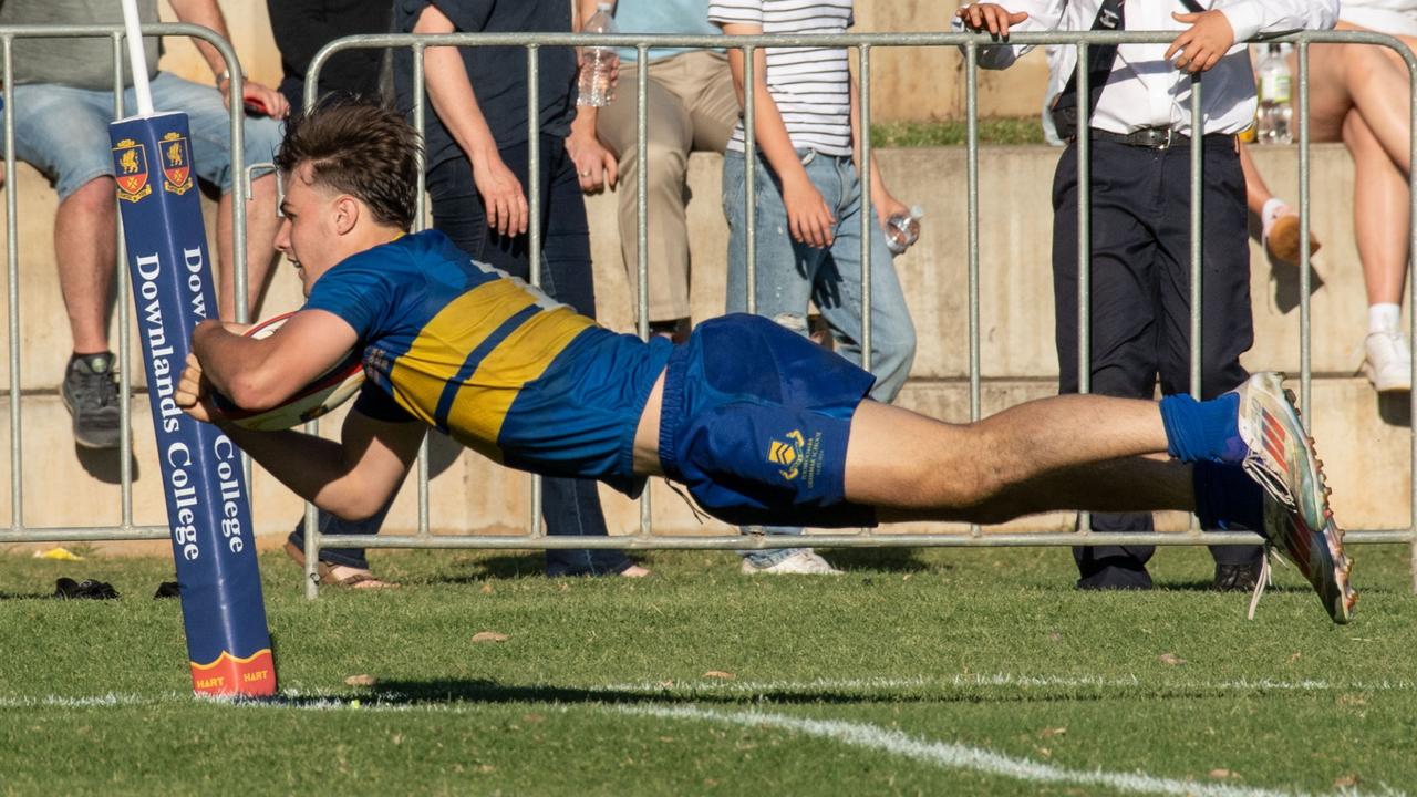 Trace Beattie scores a try for TGS. 2024 OCallaghan Cup at Downlands College. Photo by Nev Madsen