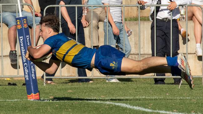 Trace Beattie scores a try for TGS. 2024 OCallaghan Cup at Downlands College. Photo by Nev Madsen