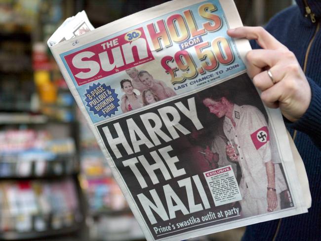 Not Harry’s finest moment. The front cover of UK tabloid The sun, 13 January 2005. Picture: Gabriel Bouys