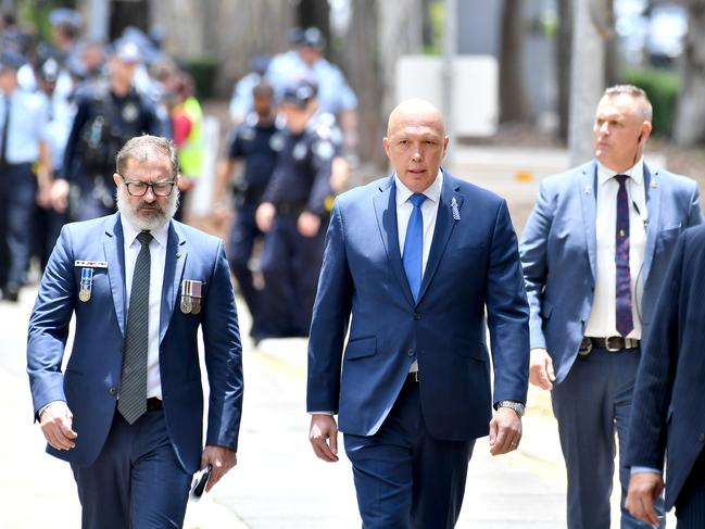 Federal Opposition Leader Peter Dutton at the memorial service with full police honours for constables Rachel McCrow and Matthew Arnold at Brisbane Entertainment Centre. Picture: John Gass/NCA NewsWire