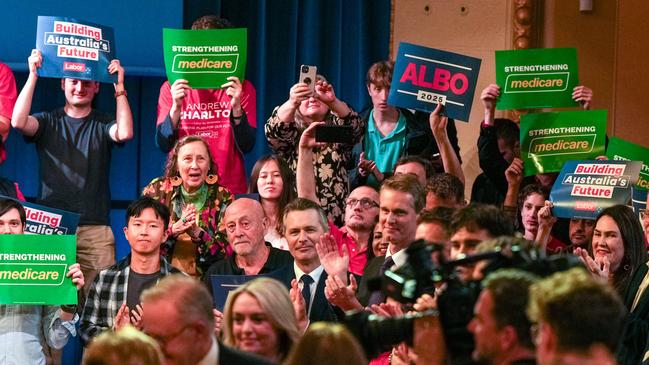 Labor supporters hold Medicare and ‘Albo’ placards. Picture: Asanka Ratnayake/Getty Images