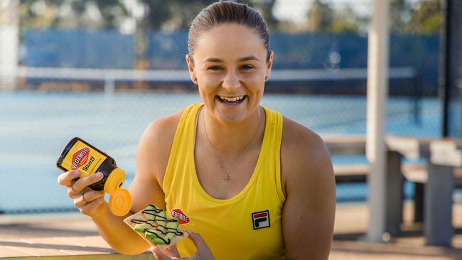 Tennis world no.1 Ash Barty promotes Vegemite. Picture: Supplied