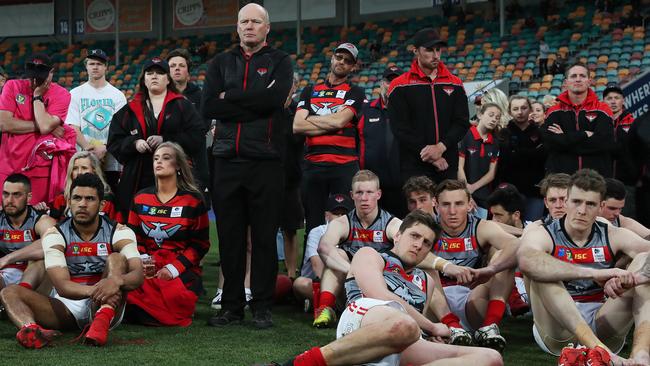 Darren Winter Lauderdale coach stands with the Lauderdale playing group after a third straight grand final defeat last year. Picture: NIKKI DAVIS-JONES