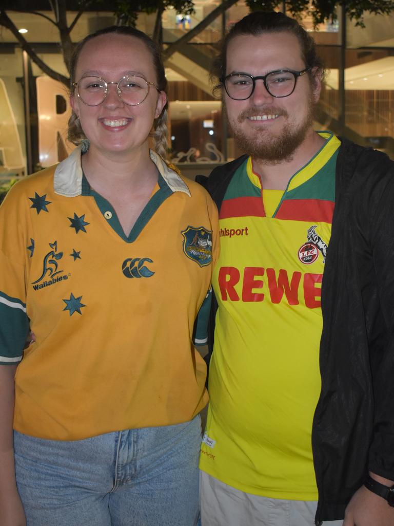 Naomi McKenzie and Justin Horsey watching the Matildas vs England semi-final clash in Ipswich. Photos by Georgie Walker.