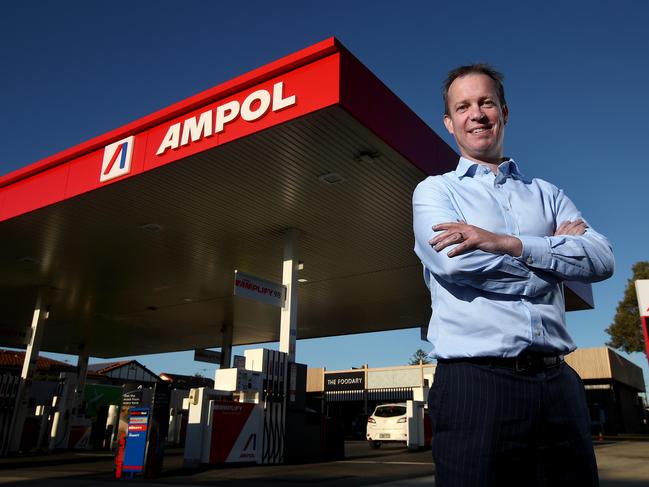 Ampol CEO Matthew Halliday pictured outside the first rebranded Ampol service station on Parramatta Rd in Concord. Caltex is rebranding to Ampol after the American brand exited Australia. Picture: Toby Zerna