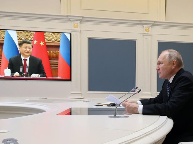 Russian President Vladimir Putin holds a meeting with Chinese President Xi Jinping via a video link at the Kremlin in Moscow on December 30, 2022. Picture: Mikhail Klimentyev / Sputnik / AFP.