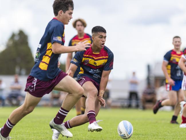 Lykhan King-Togia kicks for Western Mustangs against Redcliffe Dolphins in Cyril Connell Challenge trial match rugby league at Glenholme Park, Saturday, February 20, 2021. Picture: Kevin Farmer