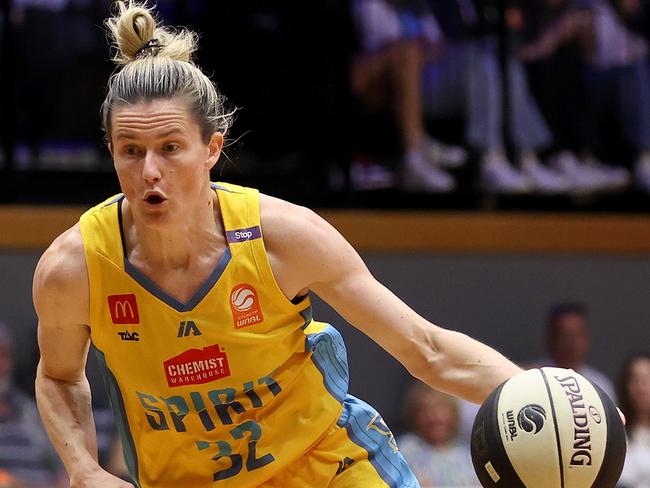 GEELONG, AUSTRALIA - JANUARY 29: Sami Whitcomb of the Spirit dribbles the ball during the round 14 WNBL match between Geelong United and Bendigo Spirit at The Geelong Arena, on January 29, 2025, in Geelong, Australia. (Photo by Kelly Defina/Getty Images)