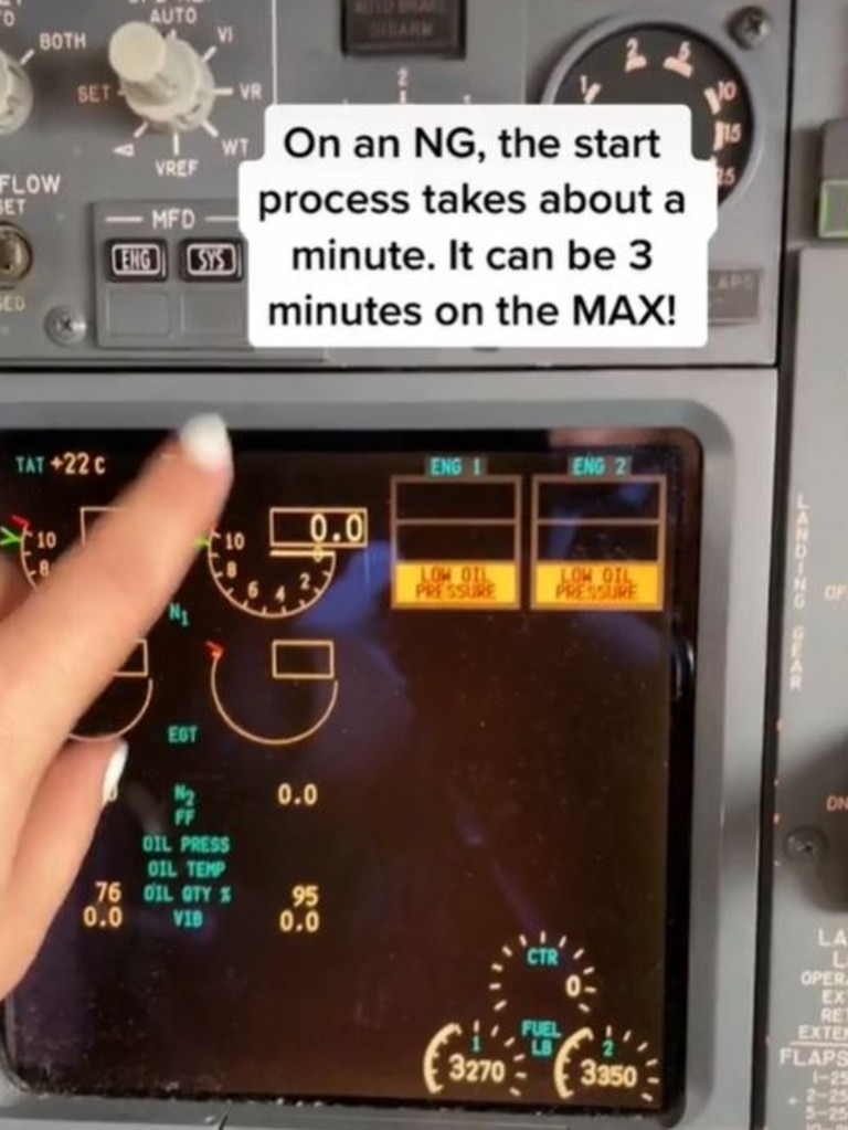 When N1 rotation, oil pressure and N2 is above 25 per cent, the start lever can be lifted. Picture: TikTok/almostcaptainmorgan