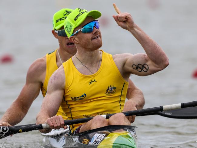 Tom Green and Jean van der Westhuyzen win the menÃ¢â¬â¢s K2 500 final at the World Cup in Szeged, Hungary. Pic: Bence Vekassy