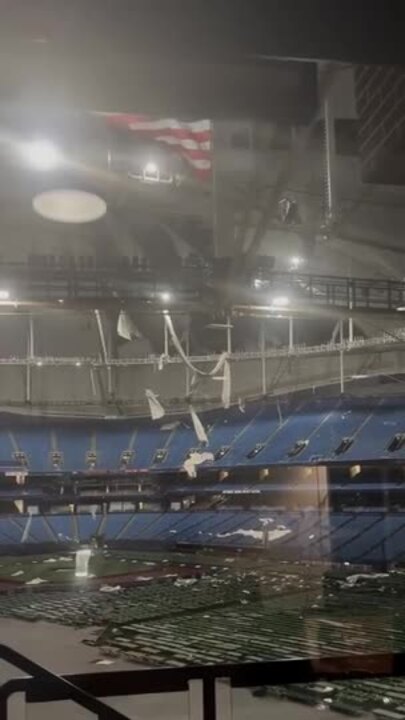 Debris Strewn Inside Tropicana Field After Milton Rips Off Roof