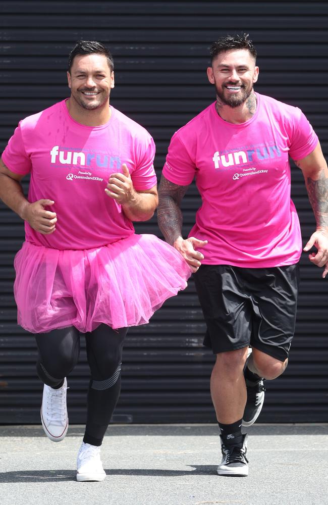 (L-R) Daniel Vidot and Alex Glenn will run in the Mater Chicks in Pink International Women’s Day Fun Run in Brisbane on March 9 Picture Annette Dew.