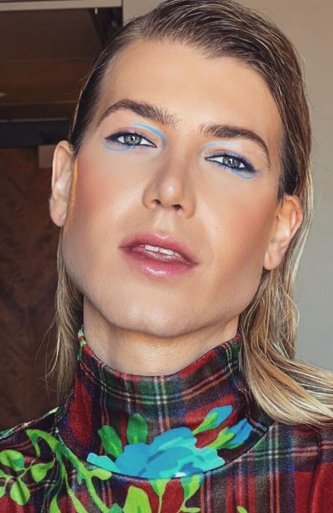 His makeup featured bold blue accents to match the blue floral print on the tartan. Picture: Instagram/Christian Wilkins