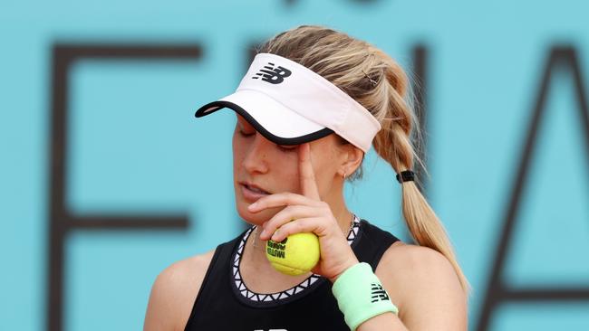 Eugenie Bouchard of Canada reacts against Martina Trevisan of Italy during the Women's Singles second round match on Day Five of the Mutua Madrid Open at La Caja Magica on April 28, 2023 in Madrid, Spain. (Photo by Clive Brunskill/Getty Images)