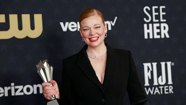 Australian actress Sarah Snook, winner of the Best Actress in a Drama Series award for “Succession” poses in the press room during the 29th Annual Critics Choice Awards at the Barker Hangar in Santa Monica, California on January 14, 2024. Picture: Michael Tran / AFP