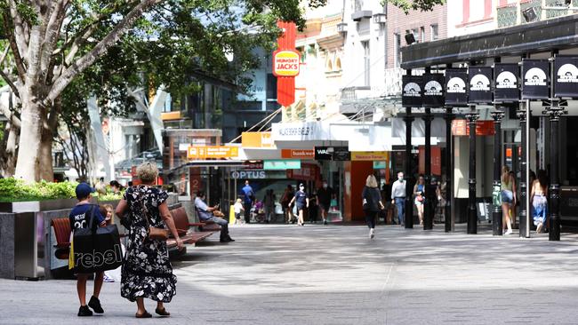 Queen Street Mall in Brisbane CBD remains quiet with many city workers encouraged to work from home as Covid cases continue to increase. Picture: Tara Croser