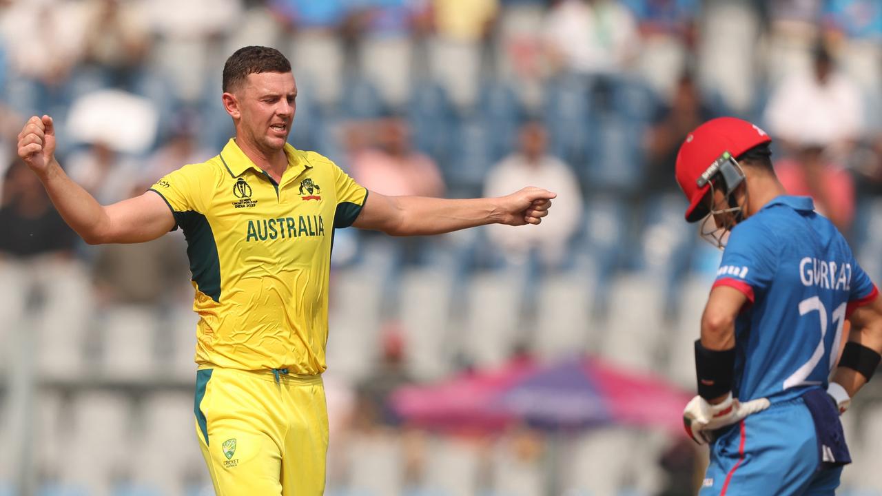 Josh Hazlewood celebrates the wicket of Rahmanullah Gurbaz. Picture: Getty Images