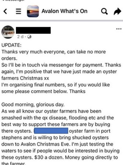 The woman made post in the Avalon community page offering up fresh oysters on Christmas Eve. Picture: Supplied