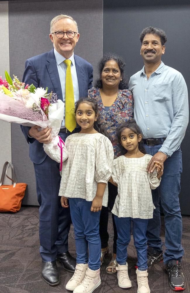 Priya Nadaraja, Nades Murugappan and their Australian-born daughters, Kopika and Tharnicaa Nadesalingam had an impromptu meeting with Prime Minister Anthony Albanese where the family thanked him for the government’s intervention in their case. Mr Albanese later shared photos of their meeting on Twitter. Picture: Twitter