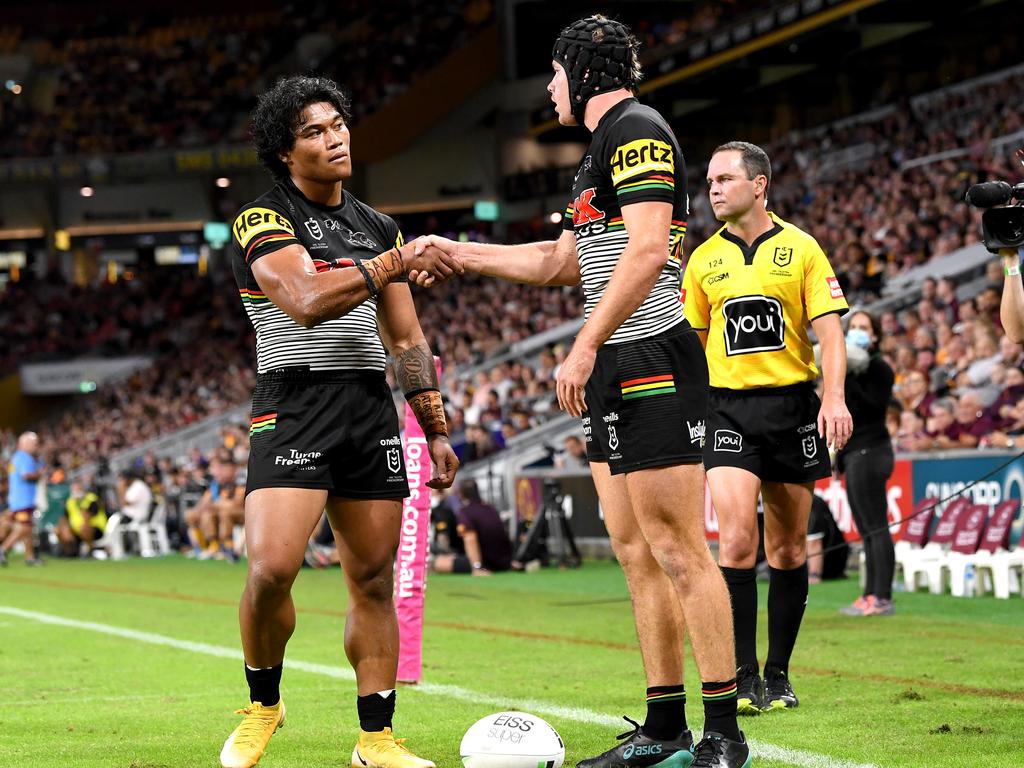 Matt Burton’s low-key try celebration with teammate Brian To’o. Picture: Bradley Kanaris/Getty Images