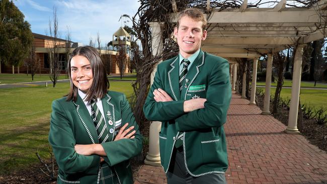 Year 12 captains and good mates Ruby Liptak and Kaine Baldwin at their Westminster School. Picture: Sarah Reed