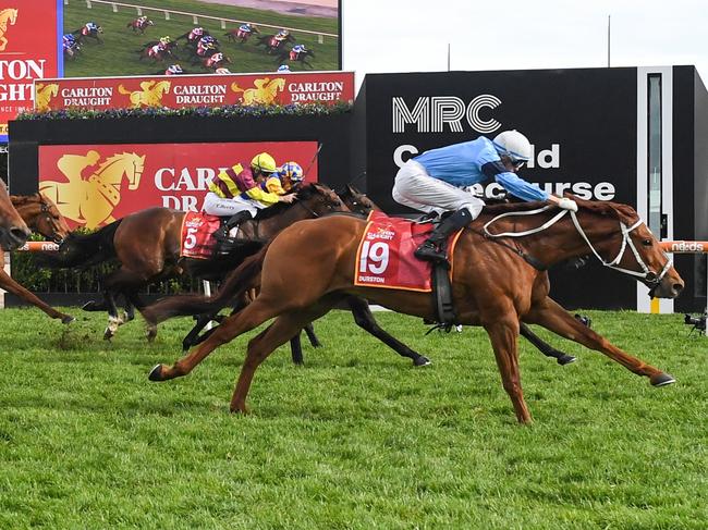 Durston (GB) ridden by Michael Dee wins the Carlton Draught Caulfield Cup at Caulfield Racecourse on October 15, 2022 in Caulfield, Australia. (Photo by Reg Ryan/Racing Photos via Getty Images)