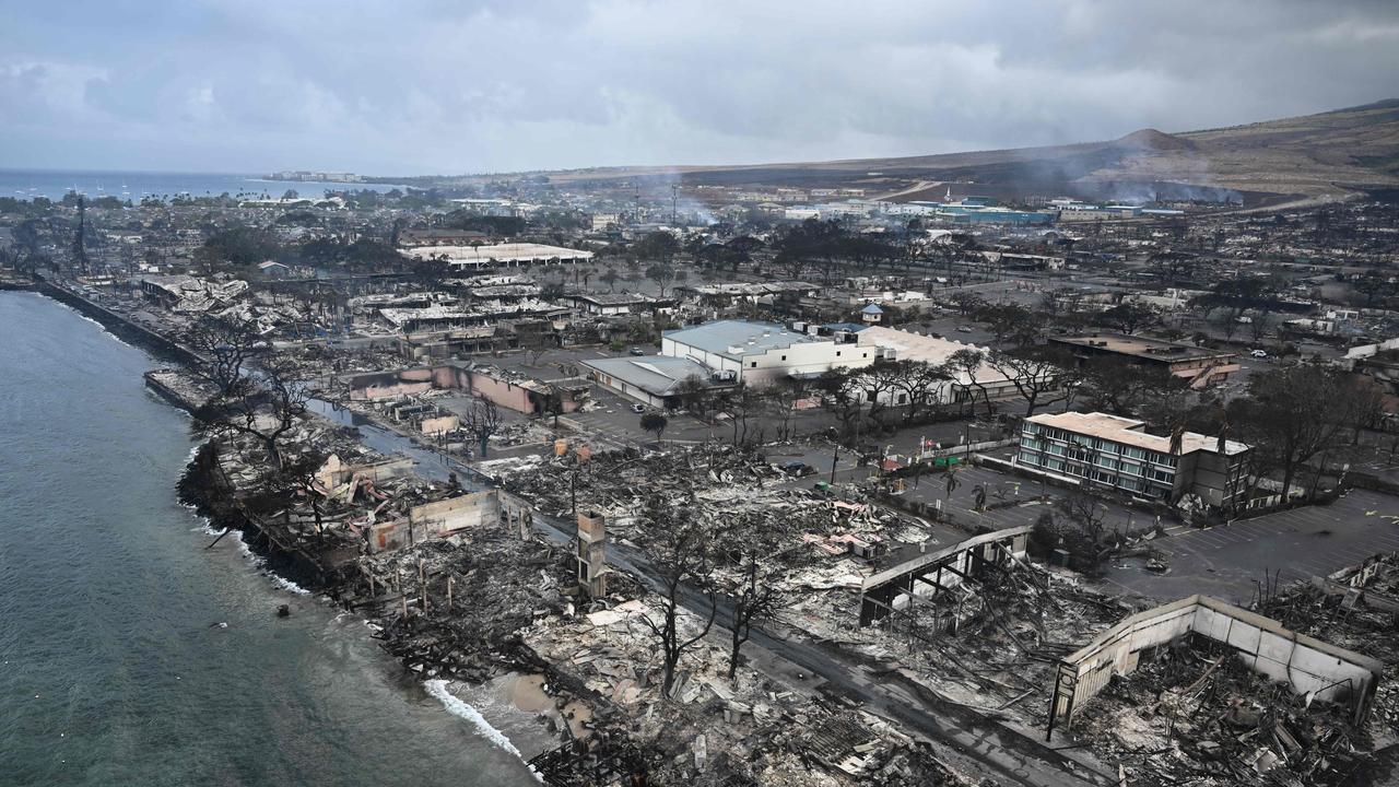 This aerial image shows historic Lahaina in the aftermath of wildfires in western Maui. Picture: Patrick T. Fallon / AFP