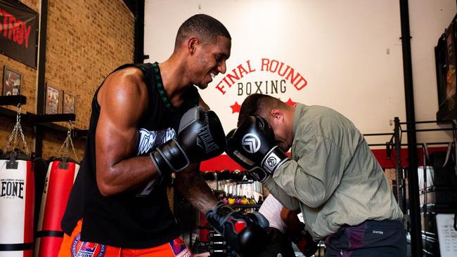 Jason Saab training with Sea Eagles teammate Josh Schuster at Final Round Gym. Picture: Supplied