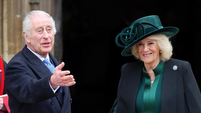 Charles and Queen Camilla arrive at Windsor Castle for the royal family’s traditional Easter Sunday service. Picture: Getty Images