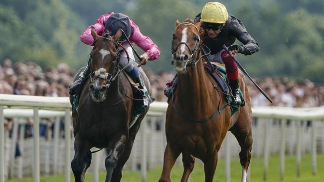 Spanish Mission (pink) surged into Cups calculations after a pulsating finish with Stradivarius in last month’s Lonsdale Cup. Picture: Getty Images