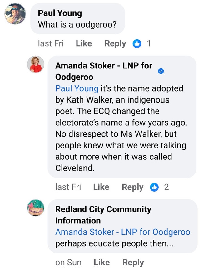 LNP candidate for Oodgeroo, Amanda Stoker, explains the origin of the electorate name to a Facebook follower. Picture: Facebook.