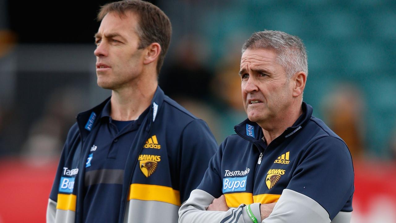 LAUNCESTON, AUSTRALIA - AUGUST 29: Alastair Clarkson, Senior Coach of the Hawks looks on with Chris Fagan, General Manager Football Operations during the 2015 AFL round 22 match between the Hawthorn Hawks and the Brisbane Lions at Aurora Stadium, Launceston, Australia on August 29, 2015. (Photo by Adam Trafford/AFL Media/Getty Images)