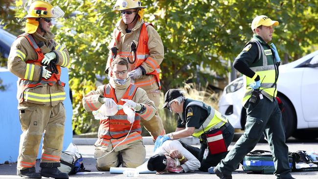 Role play during the mock terrorist exercise. Picture: Sarah Reed