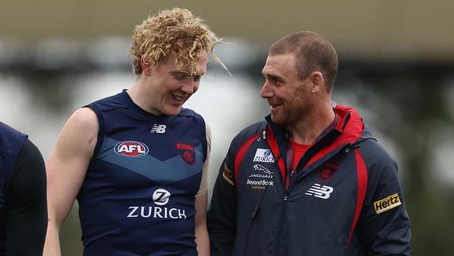 Clayton Oliver and coach Simon Goodwin at Demons training. Picture: Robert Cianflone/Getty Images