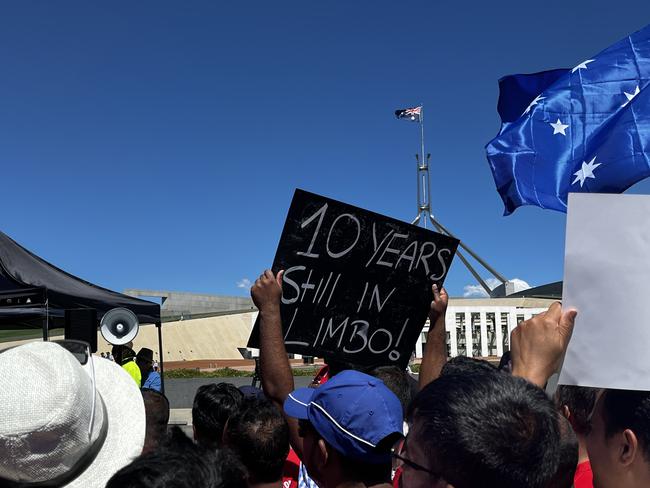 Refugees rally outside Parliament House. Picture: Julia Kanapathippillai.