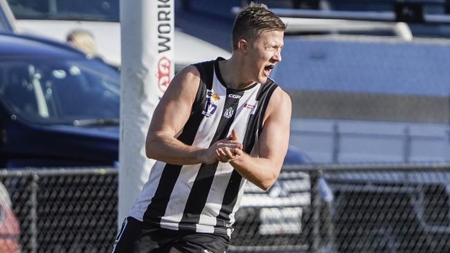 Outer East Premier Division footy: Narre Warren v Olinda Ferny Creek. Narre Warren player  Jake Richardson celebrating a goal. Picture: Valeriu Campan