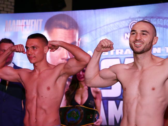 Tim Tszyu and Joel Camilleri shape up for their Australian super-welterweight title fight at The Star in Sydney. Picture: Jonathan Ng