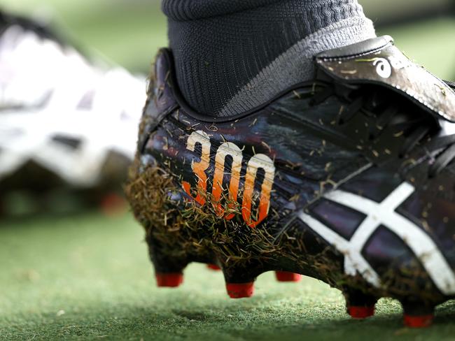 Ward’s special boots to mark his milestone match. Picture: Phil Hillyard