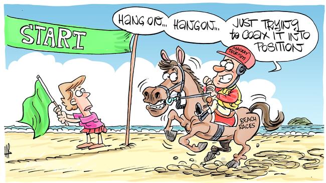 Cartoonist Harry Bruce's take on a business case being developed for a relaunched Mackay Beach Horse Races. Harry Bruce cartoon was brought to you by Dawson MP George Christensen. George is a proud supporter of free speech and the ability of our cartoonists to take the mickey out of the political class. Picture: Harry Bruce