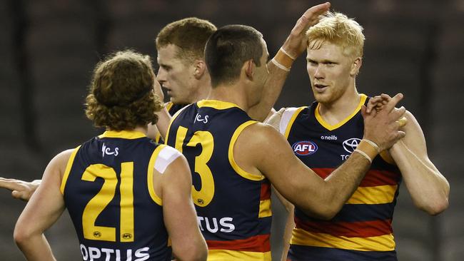 Crows forward Elliott Himmelberg celebrates one of his two goals against the Hawks. Picture: Daniel Pockett/Getty Images