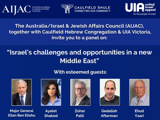 Monday night’s event is being run by the Australia Israel and Jewish Affairs Council.