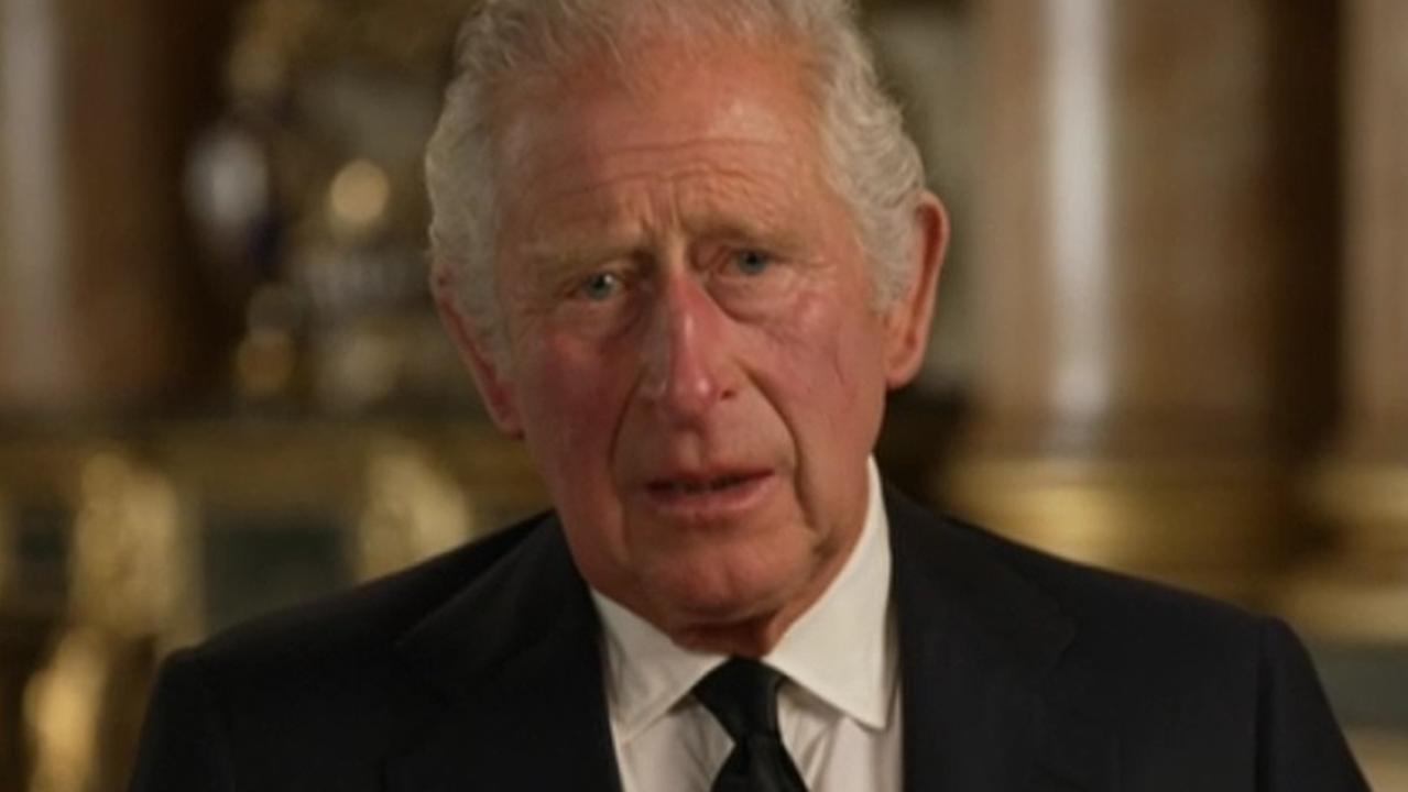 King Charles III speaks of Prince Harry and Meghan during his address to the nation. Picture: BBC