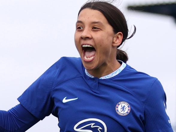 KINGSTON UPON THAMES, ENGLAND - JANUARY 29: Sam Kerr of Chelsea celebrates after scoring the team's third goal and their hat-trick during the Vitality Women's FA Cup Fourth Round match between Chelsea and Liverpool at Kingsmeadow on January 29, 2023 in Kingston upon Thames, England. (Photo by Alex Pantling/Getty Images)