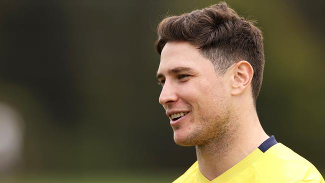 SYDNEY, AUSTRALIA - SEPTEMBER 26: Mitchell Moses speaks to the media after a Parramatta Eels NRL training session at Kellyville Park on September 26, 2022 in Sydney, Australia. (Photo by Mark Kolbe/Getty Images)