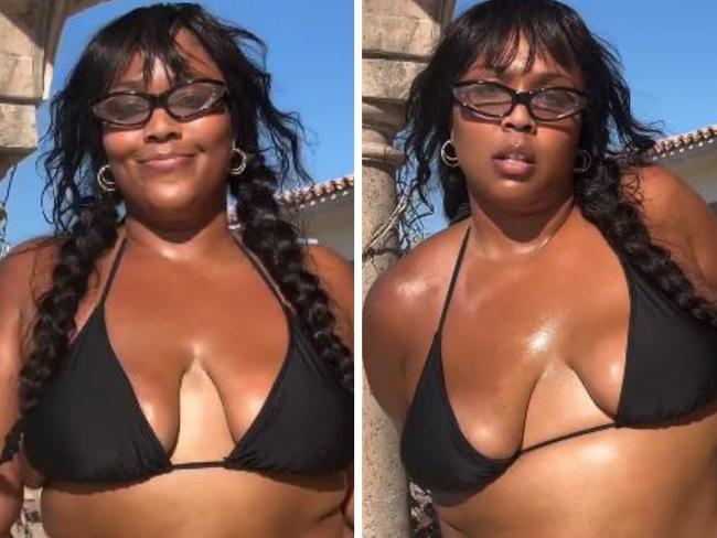 Lizzo shows off weight loss in black bikini.