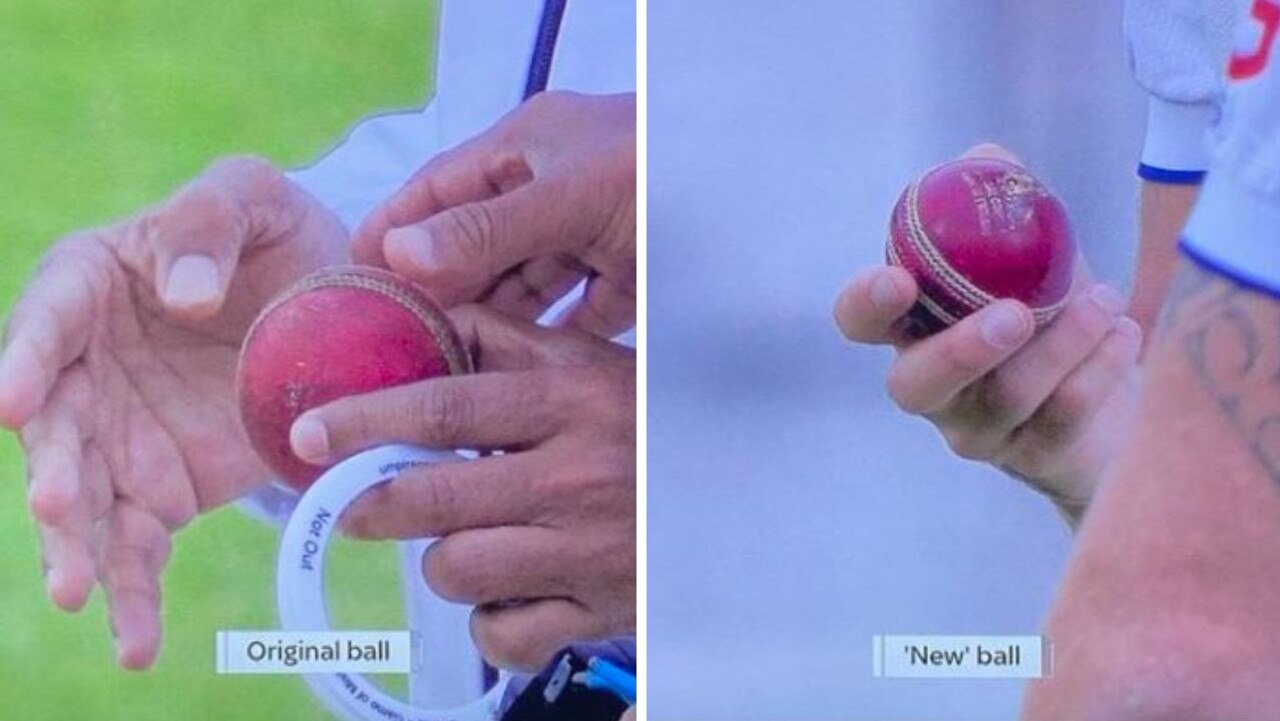 England was handed a shiny new replacement ball. Pictures: Channel 9