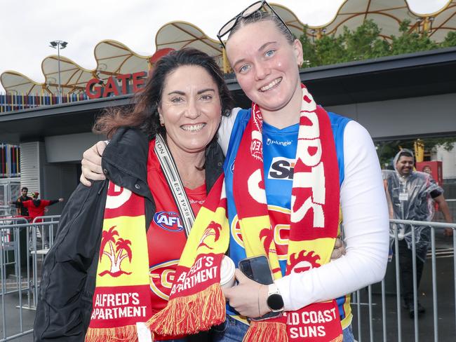 Teena Wilson and Charlotte Gavenlock before the Suns V Freo at People First Stadium Cararra. Picture: Glenn Campbell